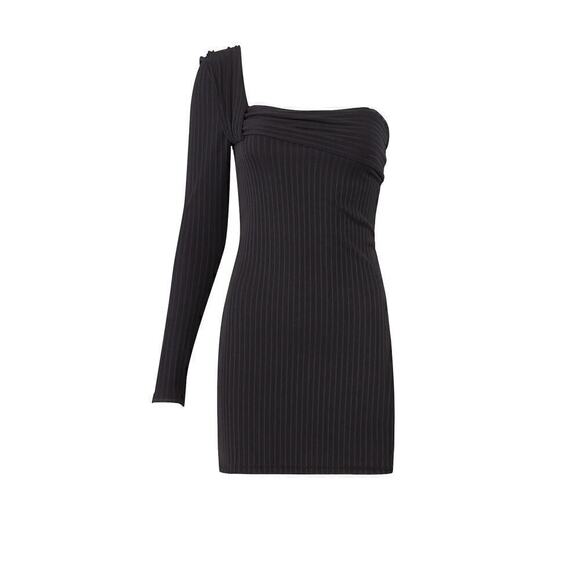 Baja East Dress Striped Drastic One Shoulder Long Sleeve Sheath Mini Black 2 - Picture 4 of 10